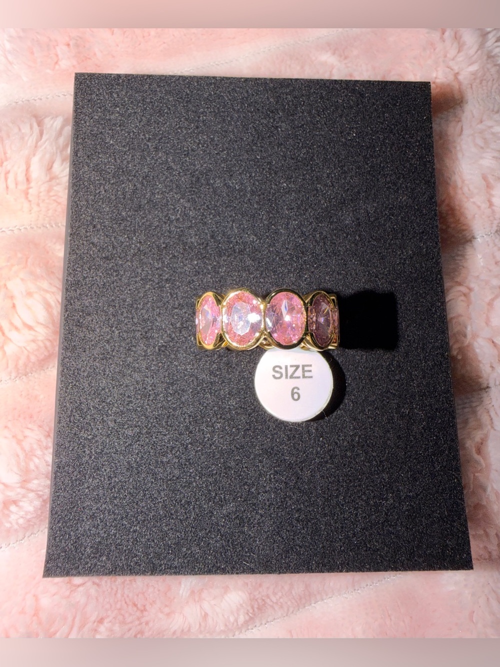Gold Band Ring with Pink Oval CZ Stones - Size 6